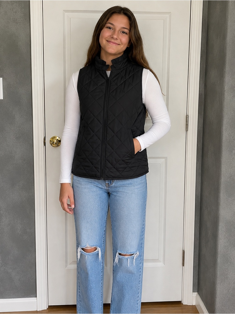 Crown and Ivy Girls XL Black Quilted Puffer Vest, Ruffle Collar